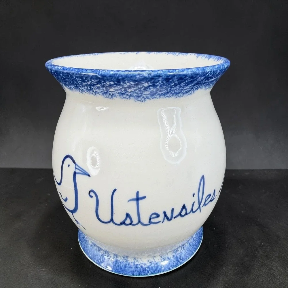 Lebeau‎ et Weilbrenner Poterie Ceramic Utensil Crock Blue White Bird Ustensiles